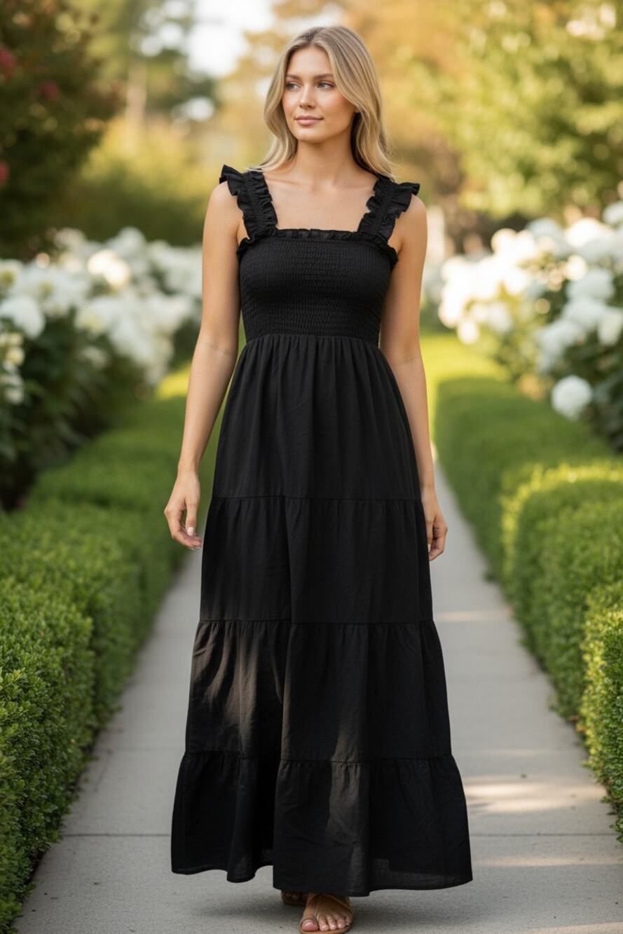 HILL HOUSE Black Dress Size M Maxi Tiered Ruffle Straps